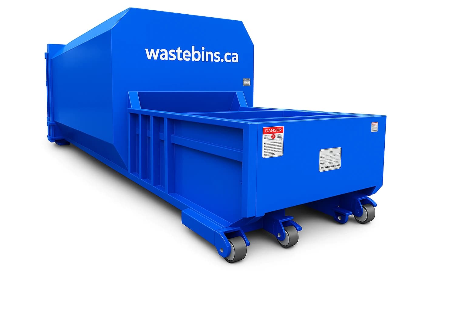 Self-Contained Compactor — Wastebins.ca, brand-blue powder-coated steel