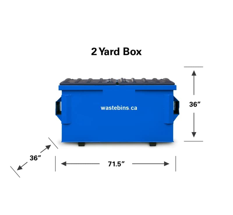 2-yard front-load dumpster dimensions — 71.5 × 36 × 36 in, Wastebins.ca commercial fleet