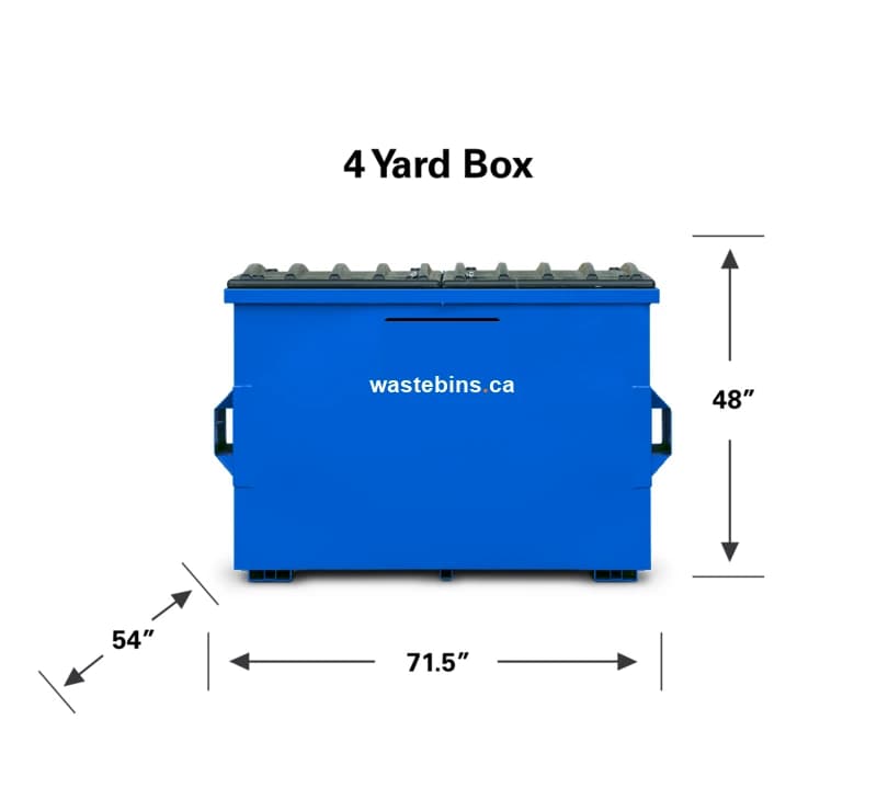 Dimensions du bac commercial front-load 4 verges — 71,5 × 54 × 48 po, pour restaurants moyens et condos de 50 unités