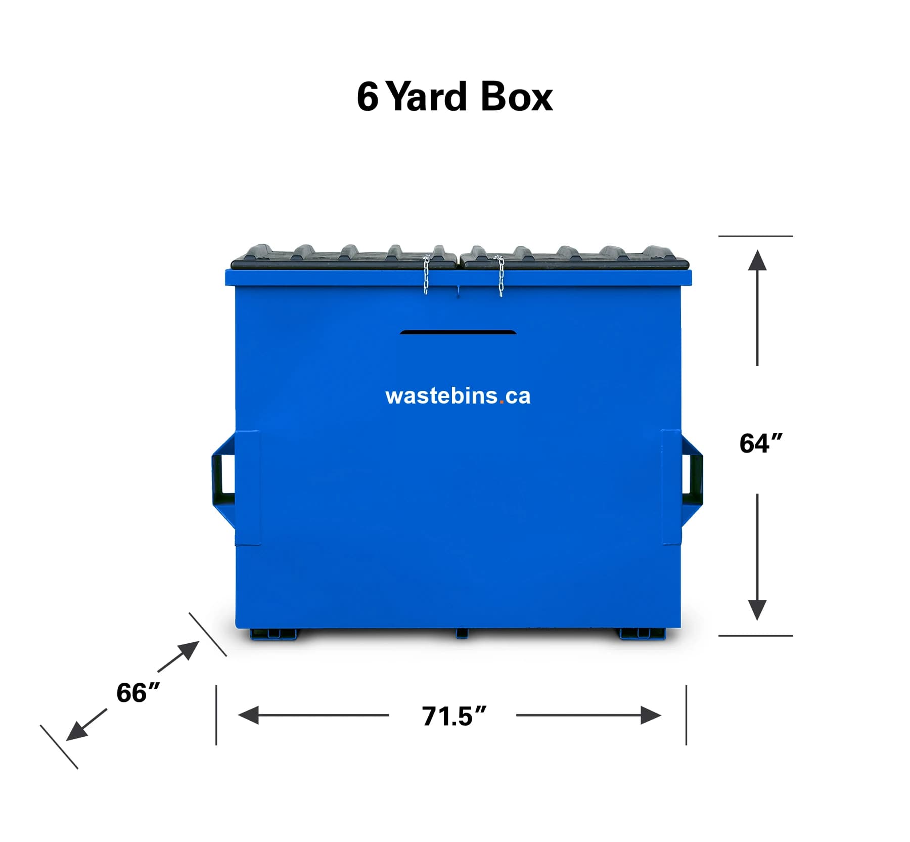 Dimensions du bac commercial front-load 6 verges — 71,5 × 66 × 64 po, pour restaurants à fort volume et grands condos