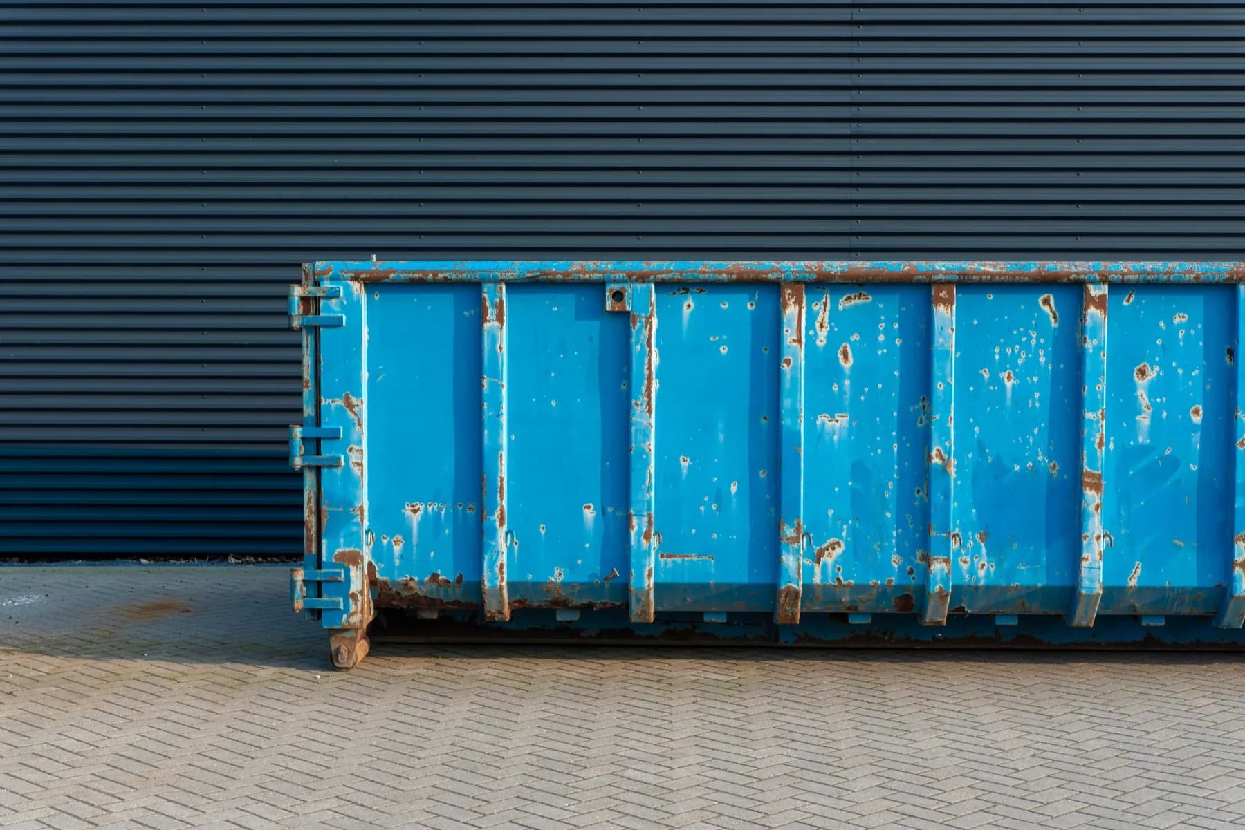 Conteneur roll-off bleu dans une cour résidentielle canadienne — exemple de prix Wastebins.ca