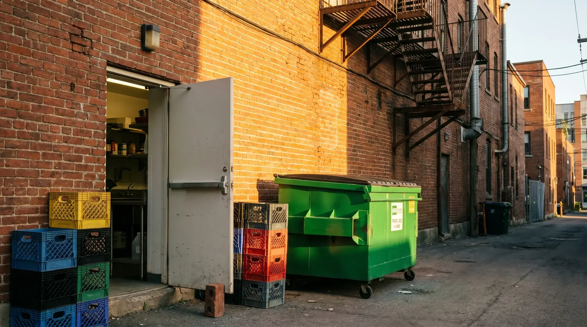 Back-of-house restaurant alley with a 4-yard front-load commercial bin against a brick wall